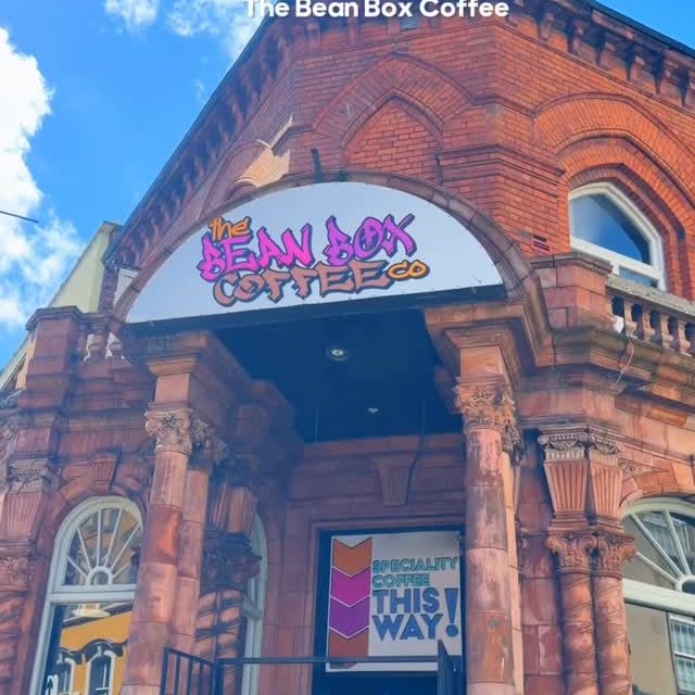 The Bean Box café exterior — speciality coffee this way sign