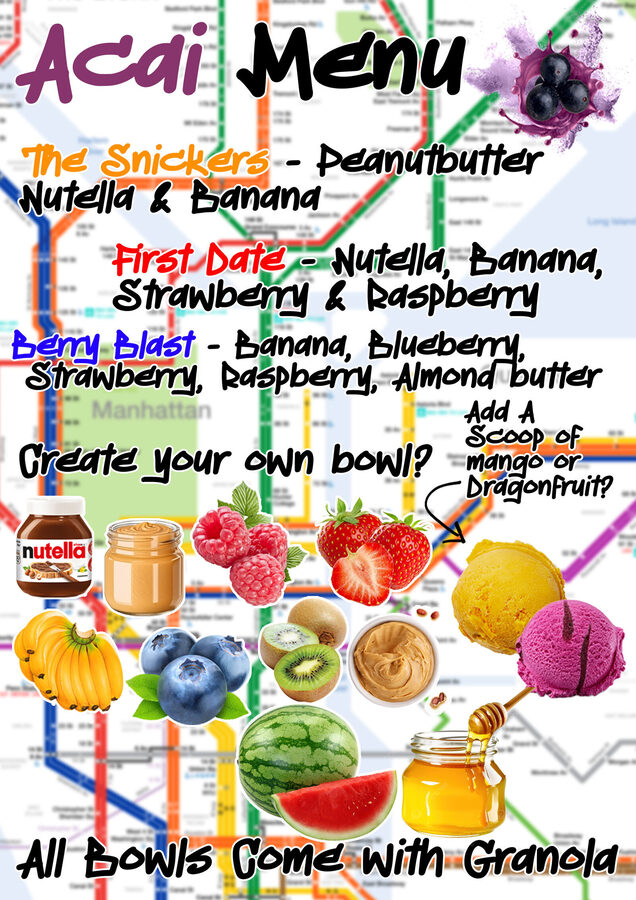 The Bean Box açaí menu — Snickers, First Date and Berry Blast bowls, plus build your own