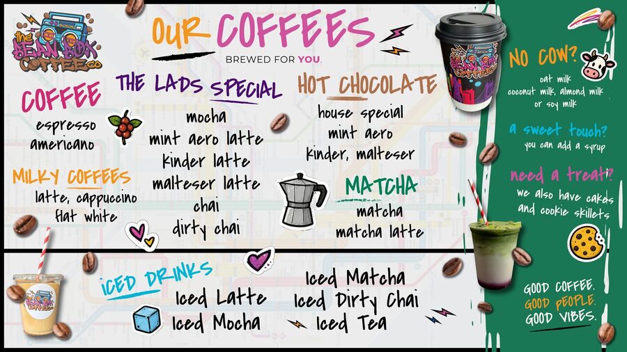 The Bean Box coffee menu — espresso, lattes, hot chocolate, matcha, iced drinks and treats