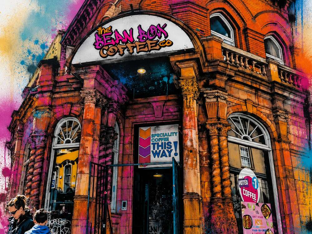 The Bean Box Aungier St — red-stone corner café, graffiti style