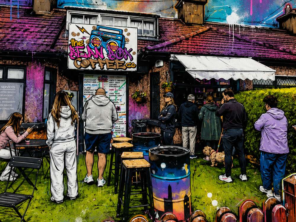 The Bean Box Greenhills — house-style café with garden, graffiti style